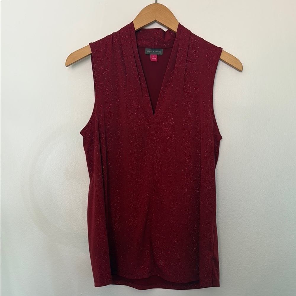 NEW Vince Camuto Pleated V Neck Micro Glitter Sleeveless Blouse Womenβs Size S - Picture 3 of 9
